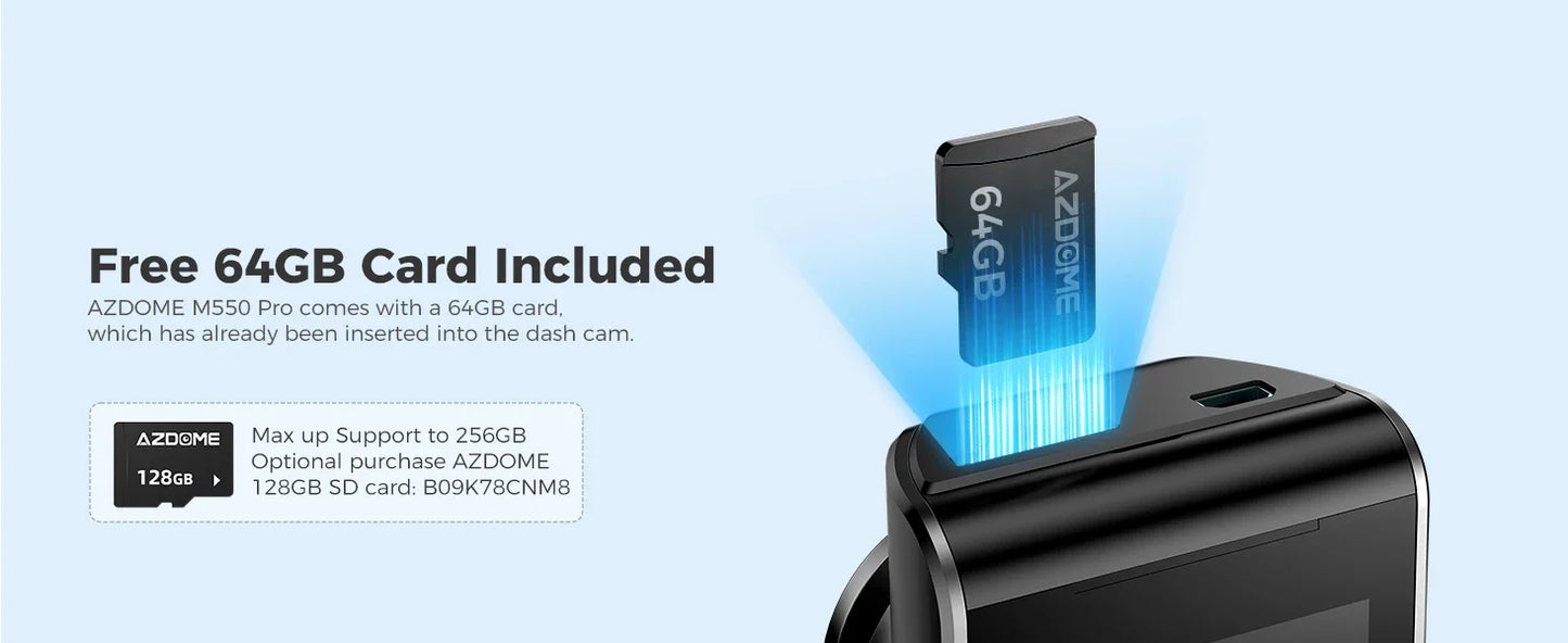 AZDOME M550 Pro 4K Car DVR Dash Cam – WiFi 5.8GHz, Front/Cabin/Rear Cameras, GPS, Night Vision & Parking Monitor
