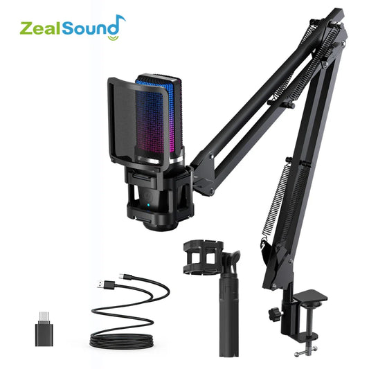 Zealsound RGB USB Condenser Microphone with Articulated Arm & Tripod – Gaming, Podcasting, Streaming, YouTube Recording Mic