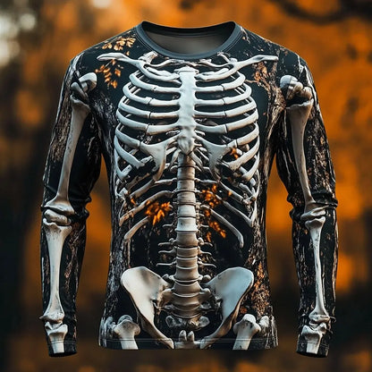 Men's Skeleton Print Long Sleeve T-Shirt - Gothic Halloween Streetwear Casual Top