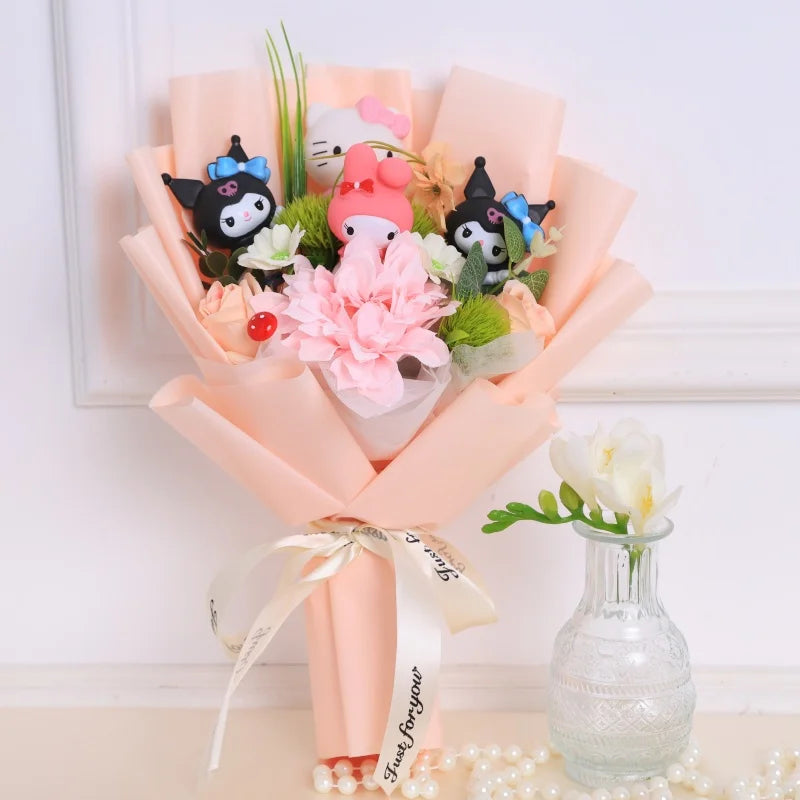 Kawaii Hello Kitty Cat Dolls with Artificial Flowers – Creative Sanrio Bouquet for Christmas, Valentine’s & Birthday Graduation Gifts