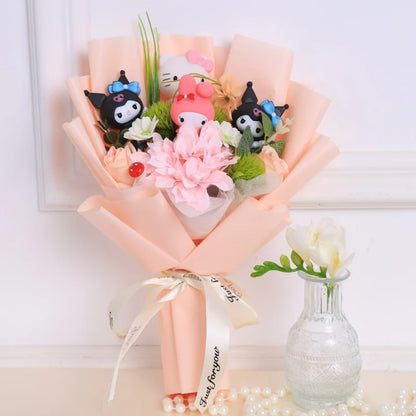 Kawaii Hello Kitty Cat Dolls with Artificial Flowers – Creative Sanrio Bouquet for Christmas, Valentine’s & Birthday Graduation Gifts