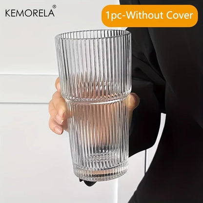 600ML Striped Glass Coffee Cup with Lid and Straw – Transparent Drinking Glasses for Juice, Milk, Tea | Iced Coffee Mug Drinkware