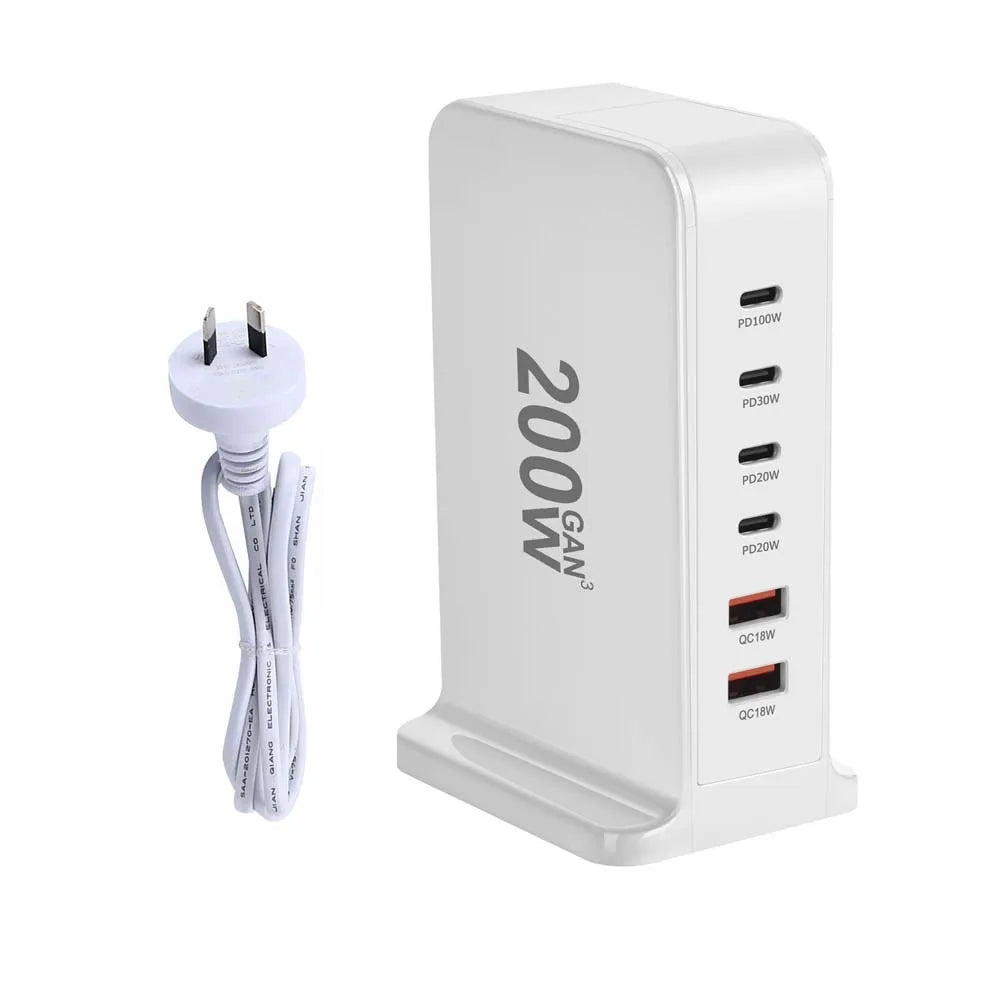 200W GaN Desktop Quick Charger - 168W PD, 6-Port USB Type C with USA, EU, AUS, UK Plug Adapters for Mobile Phones and Laptops
