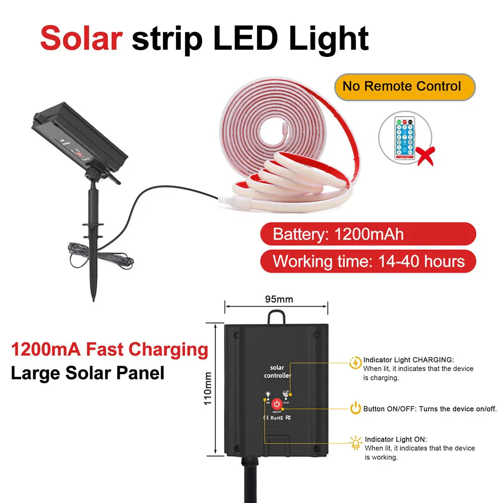 12V/24V Solar COB LED Strip Light IP68 Waterproof Flexible Tape Lamp 320 LEDs Warm & Natural White for Garden Decoration – 0.5M/1M/2M/5M