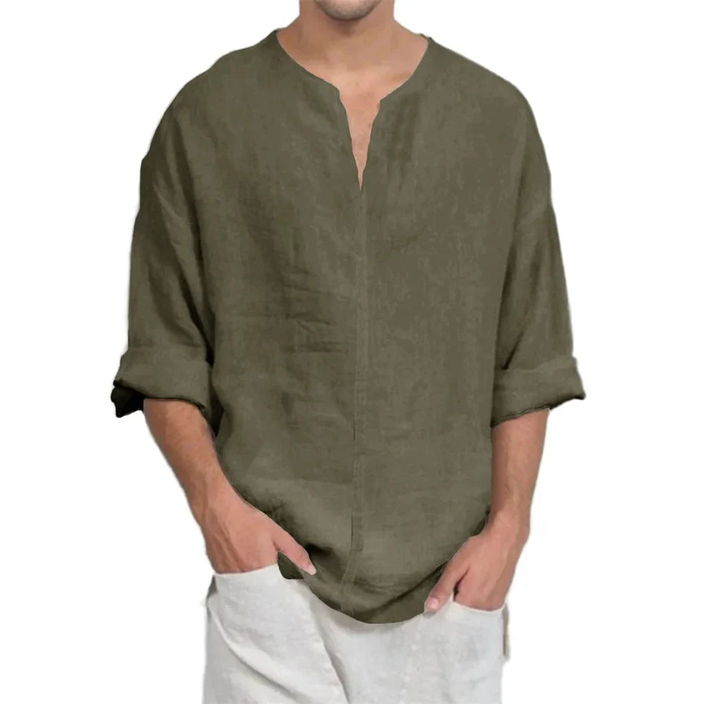 Men’s Cotton Linen V-Neck T-Shirt - Lightweight Breathable Long Sleeve Casual Solid Color Comfort Top