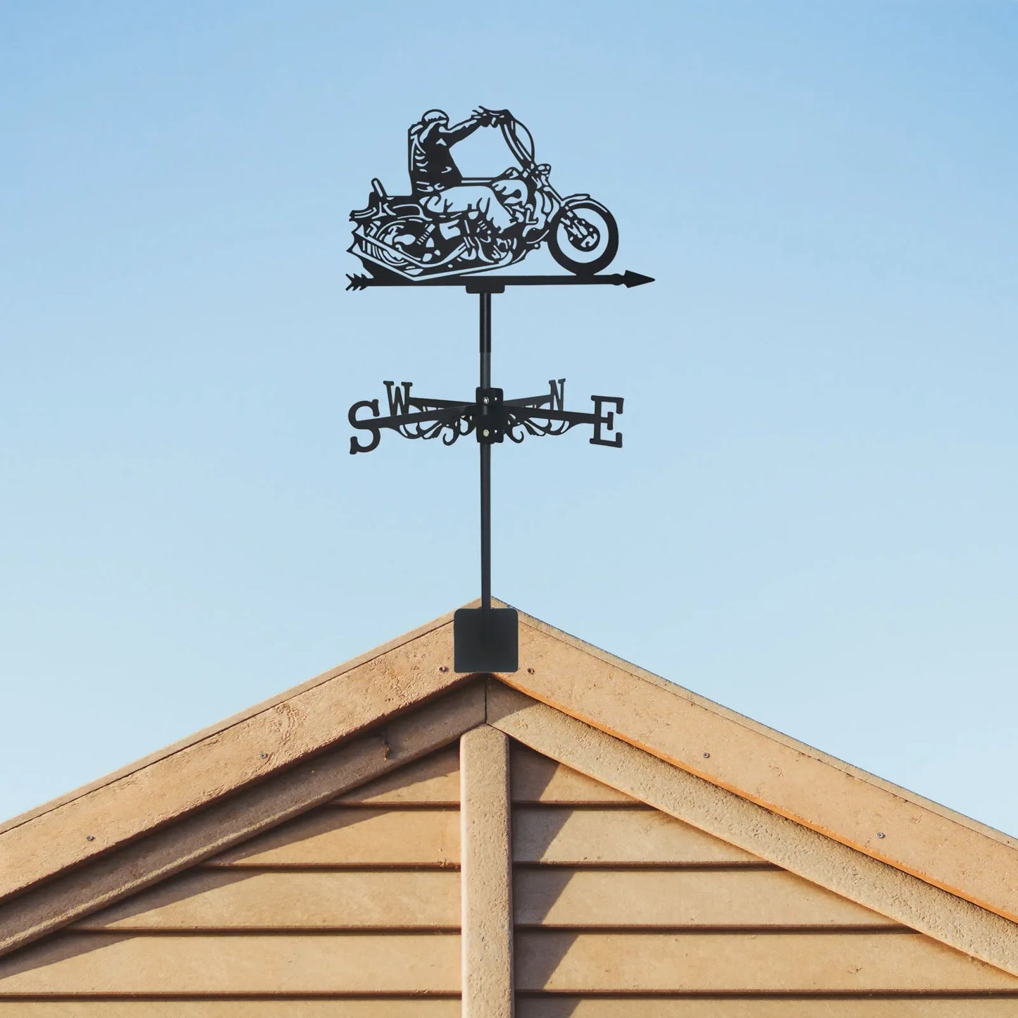 Motorcyclist Weathervane: Black Metal Silhouette Art, Motorcycle-Themed Wind Vane for Outdoor Garden, Roof, and Yard Decor