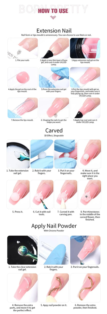 BORN PRETTY 15ml Clear Non-Stick Hand Extension Gel - 3D Shaping Nail Art, Milky Jelly Hard Gel for Fake Nails