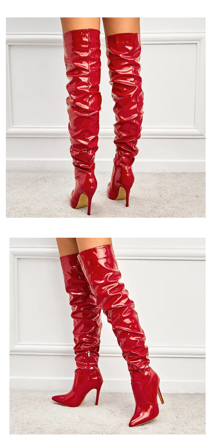 Eilyken Red Over-the-Knee Stiletto Boots for Women – Patent Leather Pointed Toe High Heel Zip-Up Shoes