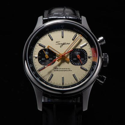 Sugess Pilot Men’s Chronograph Watch — Original ST1901 Mechanical Movement, Sapphire Crystal, Waterproof Racing Strap