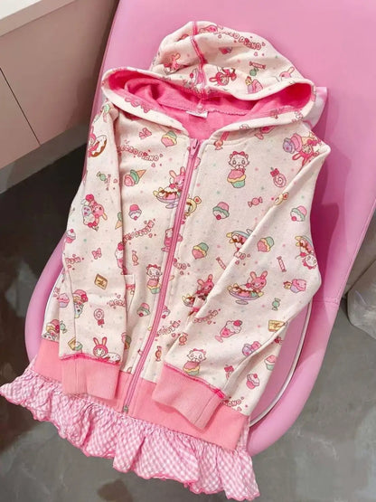Cute Printed Cardigan - Y2K Fairy Grunge Ruffle Patchwork Harajuku Outerwear