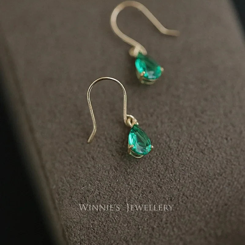 925 Sterling Silver Emerald Zircon Water Drop Earrings for Women – 14K Gold Plated Retro Luxury Jewelry