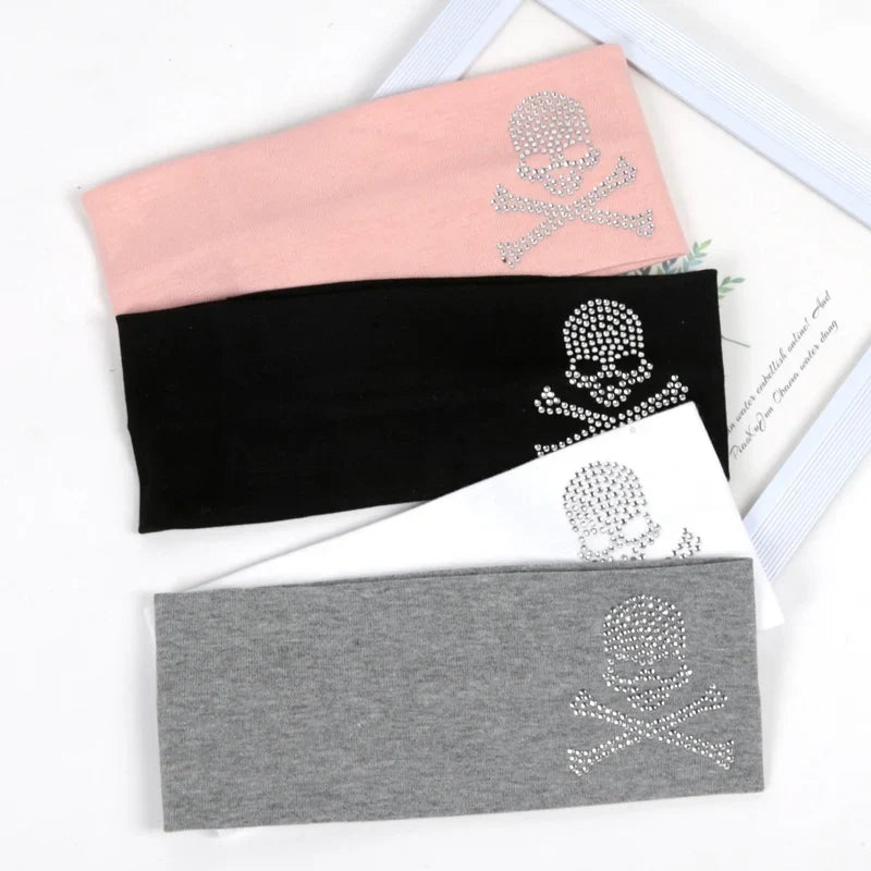 Skull Rhinestone Hairband - Retro Punk Wide-Edge Sports Headband with Elastic Anti-Sweat Design
