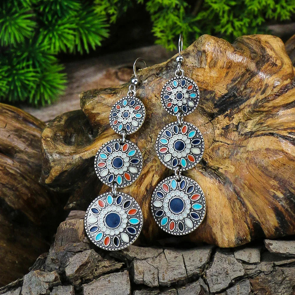 Blue Alloy Turquoise Bohemian Earrings - Retro Geometric Multi-Layer Statement Jewelry