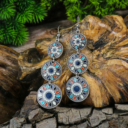 Blue Alloy Turquoise Bohemian Earrings - Retro Geometric Multi-Layer Statement Jewelry