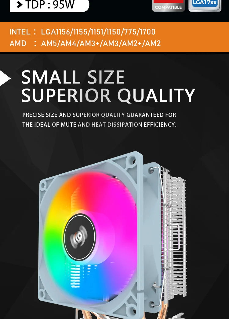 Aigo CPU Cooler — 2/4/6 Heat Pipe Radiator with 3-Pin PWM Silent RGB Fan for Intel LGA 1700/1150/1155/1156/1366 & AMD AM2/AM3/AM4