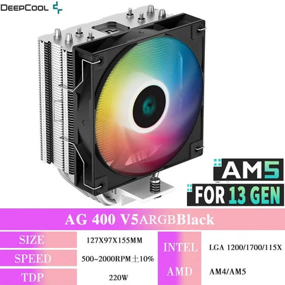DEEPCOOL AG400 CPU Air Cooler — 4 Heat Pipe ARGB PWM Radiator, 220W TDP for Intel LGA1700/1200/115X/1151/1155 & AMD AM4/AM5