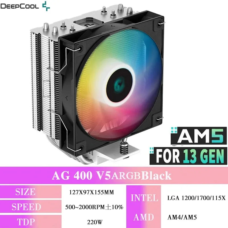 DEEPCOOL AG400 ARGB CPU Air Cooler – 4 Heat Pipes PWM 220W TDP Radiator for Intel LGA1700/1200/115X & AMD AM4/AM5 High Performance Cooling Fan