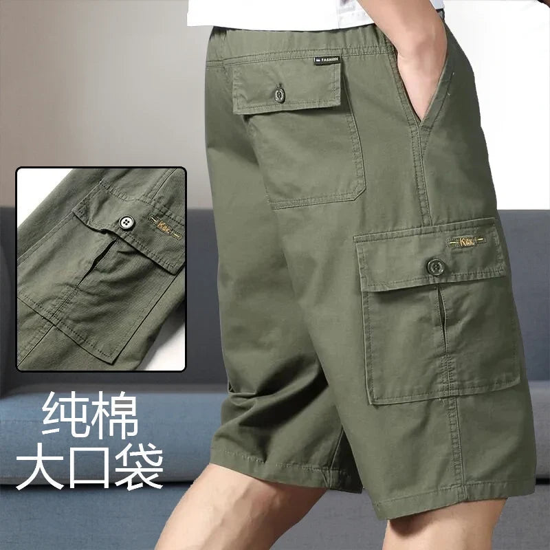 Men's Cargo Knee Shorts - Cotton Summer Climbing Jogger Pants with Zipper Pockets & Elastic Waist