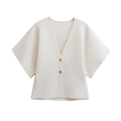 2024 Women’s Casual V-Neck Short Sleeve Knitted Top – Simple Plain Autumn Fashion