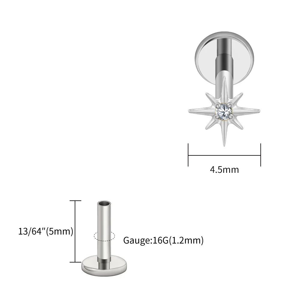 Right Grand ASTM F136 Titanium CZ North Star 16G Flat Back Earring – Tiny Starburst Helix, Cartilage & Earlobe Stud Piercing Jewelry