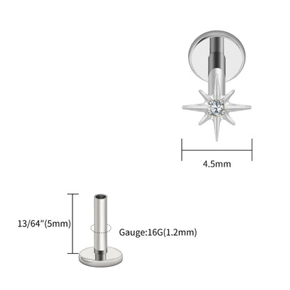 Right Grand ASTM F136 Titanium CZ North Star 16G Flat Back Earring – Tiny Starburst Helix, Cartilage & Earlobe Stud Piercing Jewelry