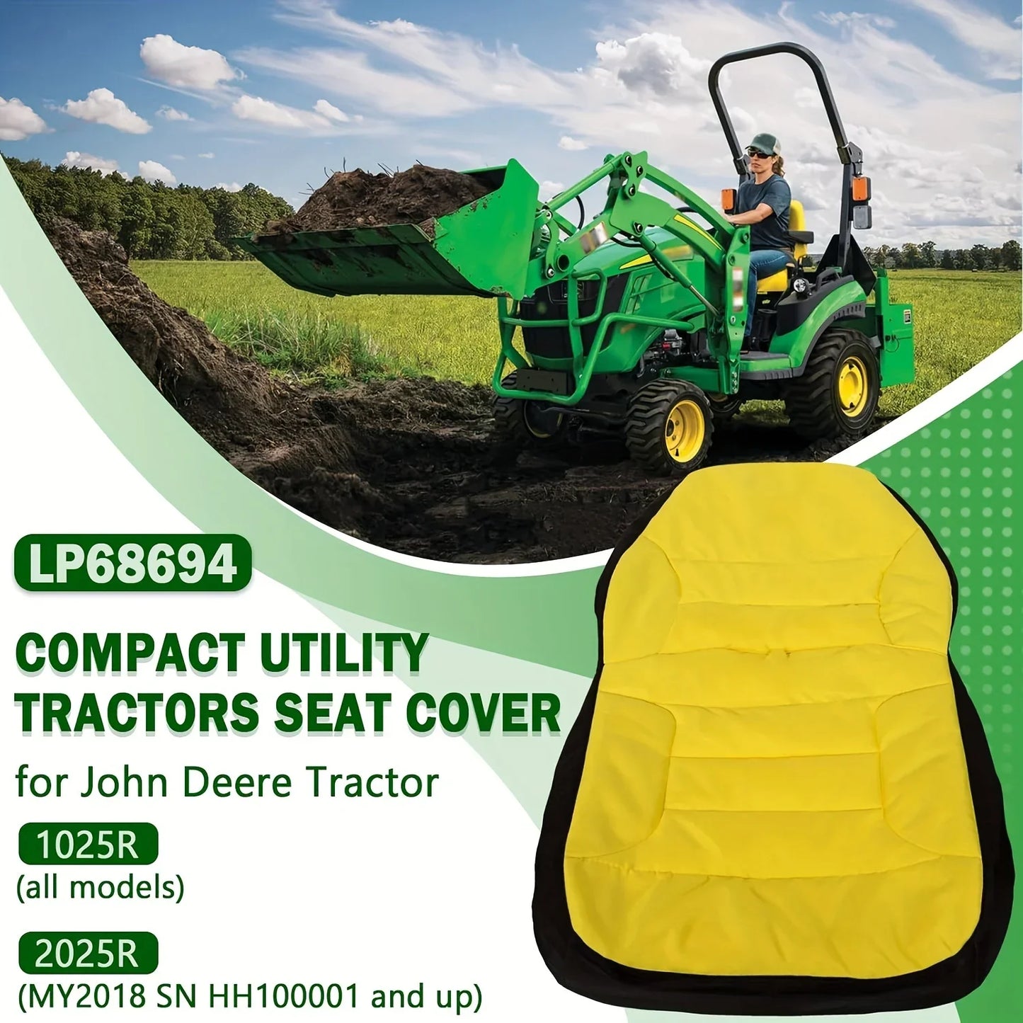 LP68694 Waterproof Cushioned Tractor Seat Cover for John Deere 1025R & 2025R, Comfortable Protective Seat Cushion Cover