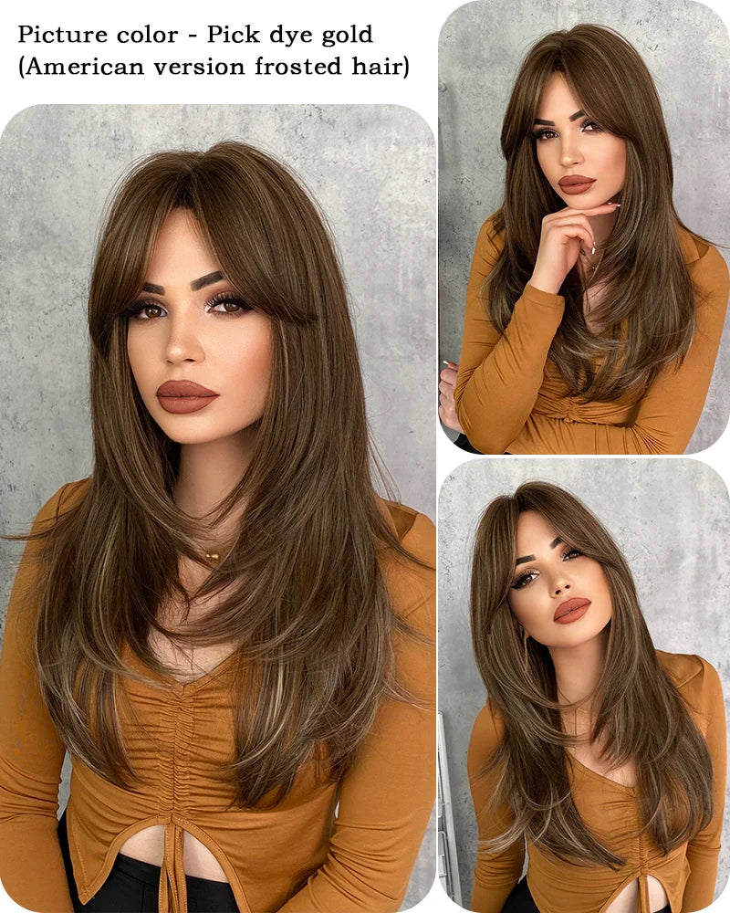 7JHH Honey Blonde Wig with Bangs - Long Brown Layered Heat Resistant Synthetic Wig for Women, Daily Use