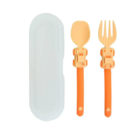Kids Cartoon Race Car Spoon & Fork Set - Self Feeding Children's Food Supplement Utensils for Toddlers
