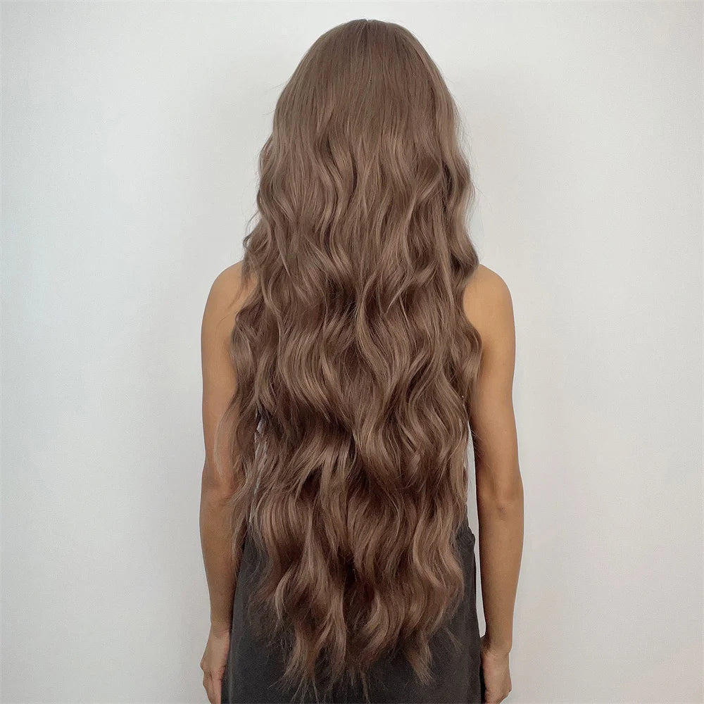 Super Long Curly Wavy Brown Synthetic Wig with Bangs – Heat-Resistant Afro Style for Cosplay, Party, Halloween, White Women