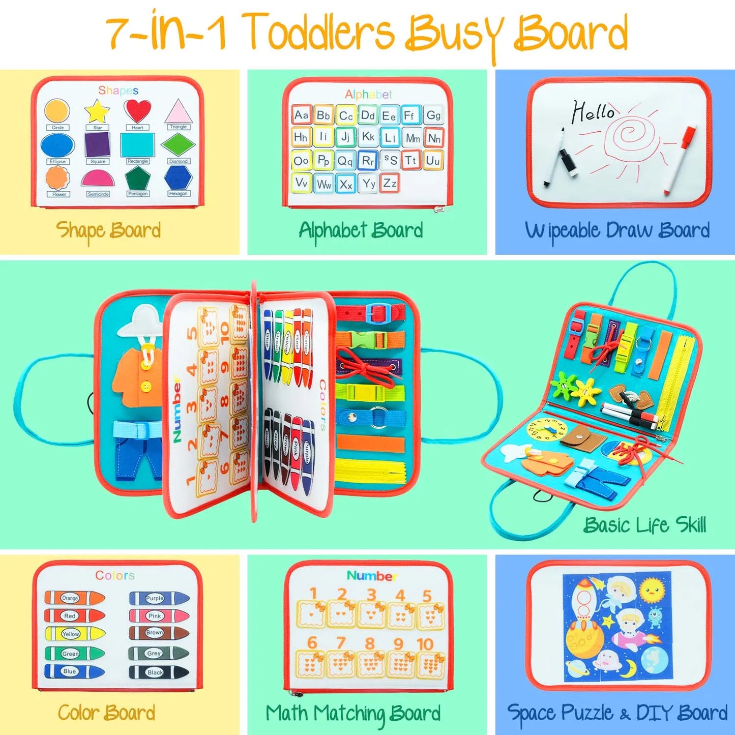 Busy Board Montessori Toy for Toddlers – Sensory & Fine Motor Skills Learning, Preschool Travel Activity for Boys