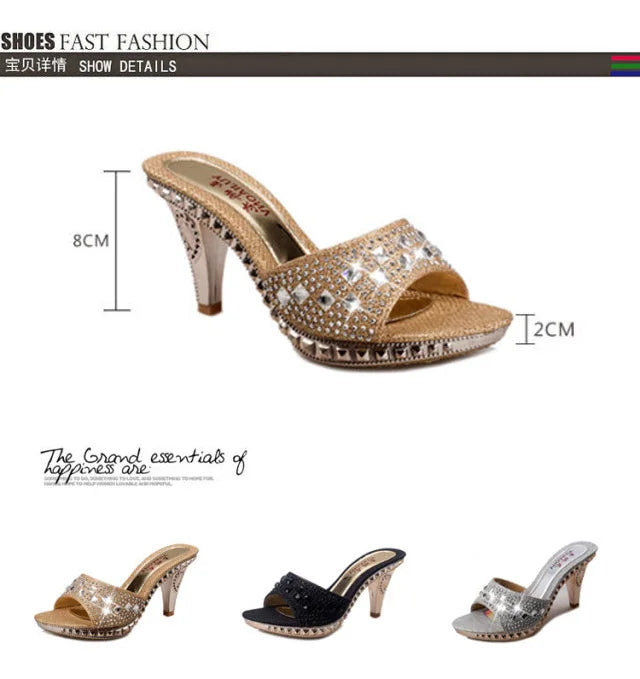 Women’s Summer Rhinestone High Heel Sandals – Sexy Gold & Silver Heeled Shoes