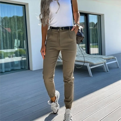 Women’s Slim High-Waist Bodycon Pants – Solid Pencil Trousers with Pockets, Spring & Autumn Casual Wear