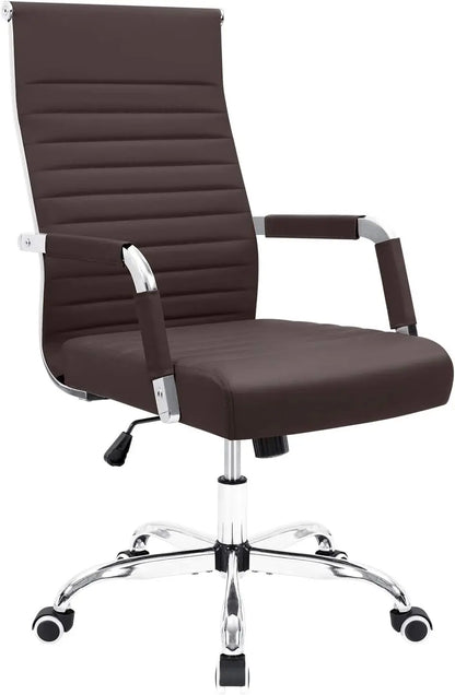 Ribbed Office Desk Chair – Mid-Back PU Leather Executive Swivel Chair with Adjustable Height & Arms for Conference & Task Use