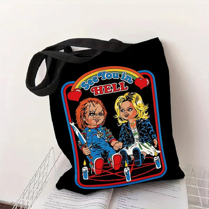 Halloween Funny Cartoon Horror Movie Tote Bag - Large Capacity Canvas Shoulder Bag, Perfect for Halloween Shopping & Festivals