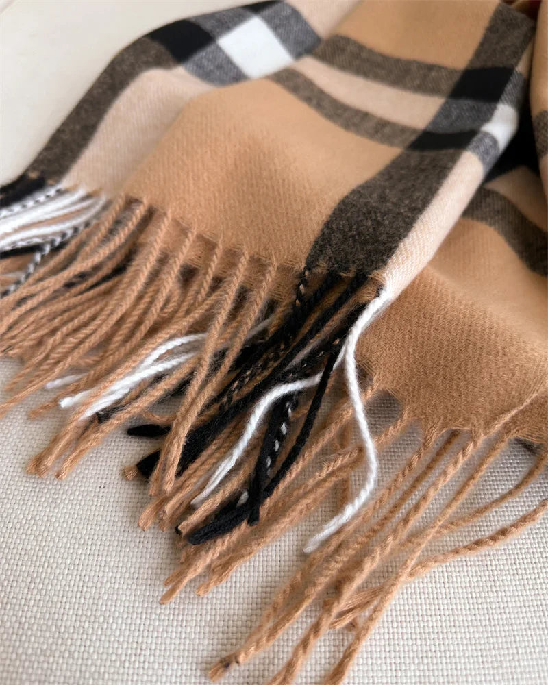 Luxury Brand Winter Plaid Cashmere-Like Blanket Scarf - Thick Warm Pashmina Shawl Wrap with Tassels, Poncho Stoles Echarpe