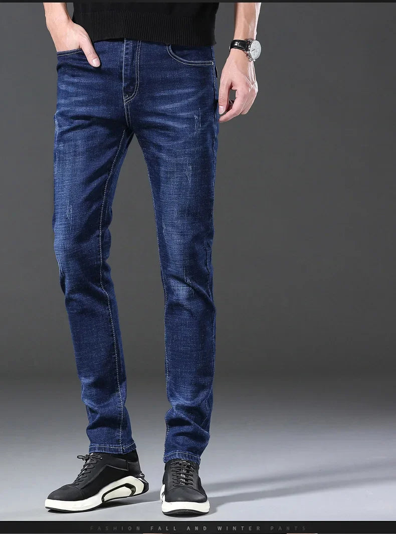 Men’s Casual Comfortable Jeans – Straight Loose Fit High Waist Elastic Trousers for All Seasons & Office Wear