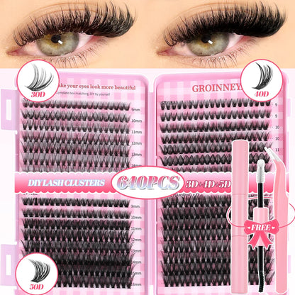 GROINNEYA DIY Mixed Lash Clusters Set – Fluffy Individual Lash Extensions Kit with Bond & Seal for At-Home Makeup