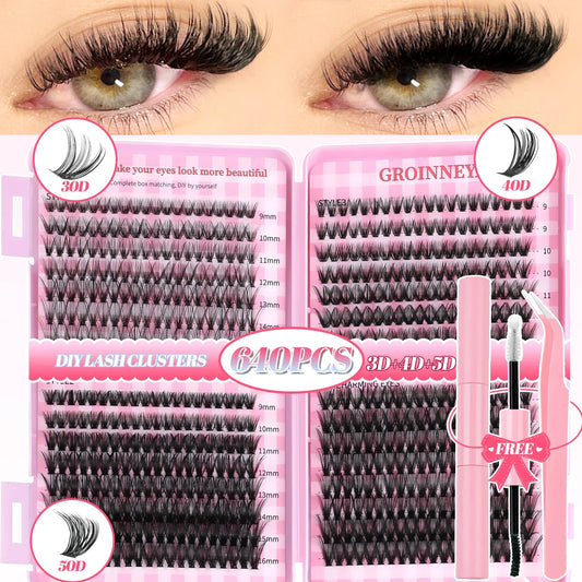 GROINNEYA DIY Mixed Lash Clusters Set – Fluffy Individual Lash Extensions Kit with Bond & Seal for At-Home Makeup