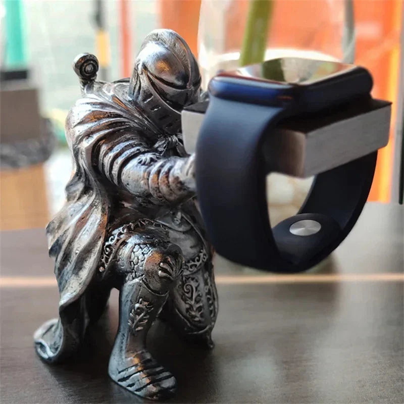 Apple Watch Charging Dock Stand – Cartoon Desktop Smartwatch Holder with Black Warrior Figurine Support