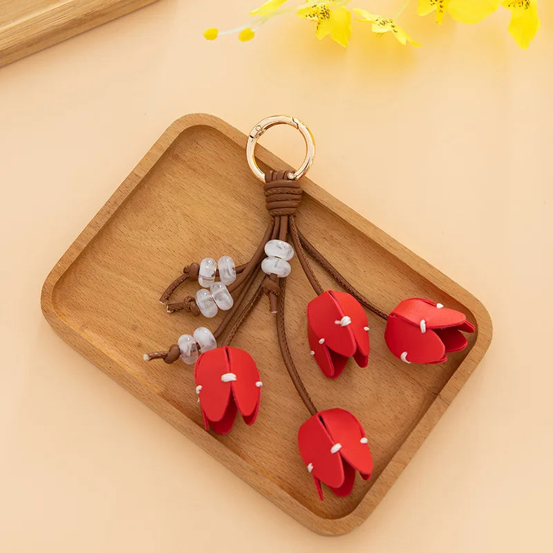 Genuine Leather Flower Bag Pendant Keychain – Original Handmade Osmanthus & Tulip Design, Exquisite Floral Charm for Bags & Accessories