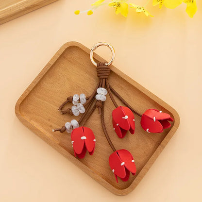 Genuine Leather Flower Bag Pendant Keychain – Original Handmade Osmanthus & Tulip Design, Exquisite Floral Charm for Bags & Accessories