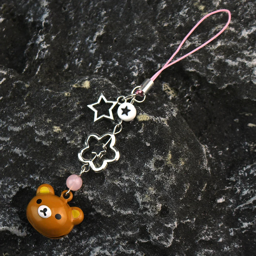 Cute Rilakkuma Bear Bell Phone Charm – Y2K Handmade Star Hanging Chain, Kawaii Beaded Mobile Pendant, Keychain & Cardbook Decoration
