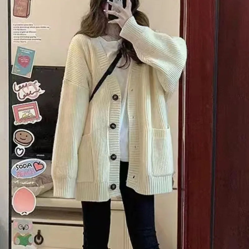 Autumn Winter Women’s Cardigan Sweater Coat – Fashion Long Sleeve V-Neck, Loose Fit Knitted Jacket, Casual Sweater Cardigan