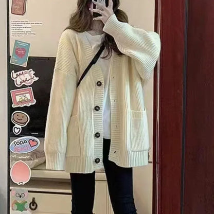 Autumn Winter Women’s Cardigan Sweater Coat – Fashion Long Sleeve V-Neck, Loose Fit Knitted Jacket, Casual Sweater Cardigan