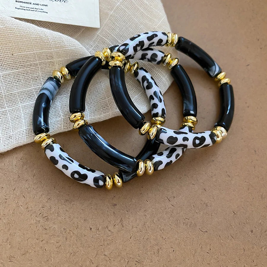 Leopard Print Bamboo Tube Acrylic Bracelets - Retro Stretch Beaded Bangles for Women & Men, Stackable Jewelry Gift