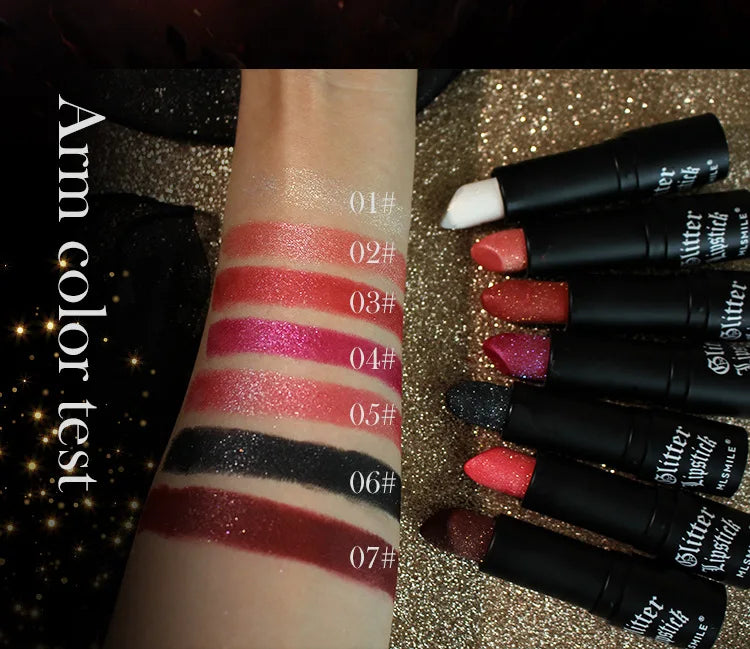 7-Color Glitter Lipstick – Waterproof, Long-Lasting Diamond Pearlescent Metallic Lip Gloss for Women