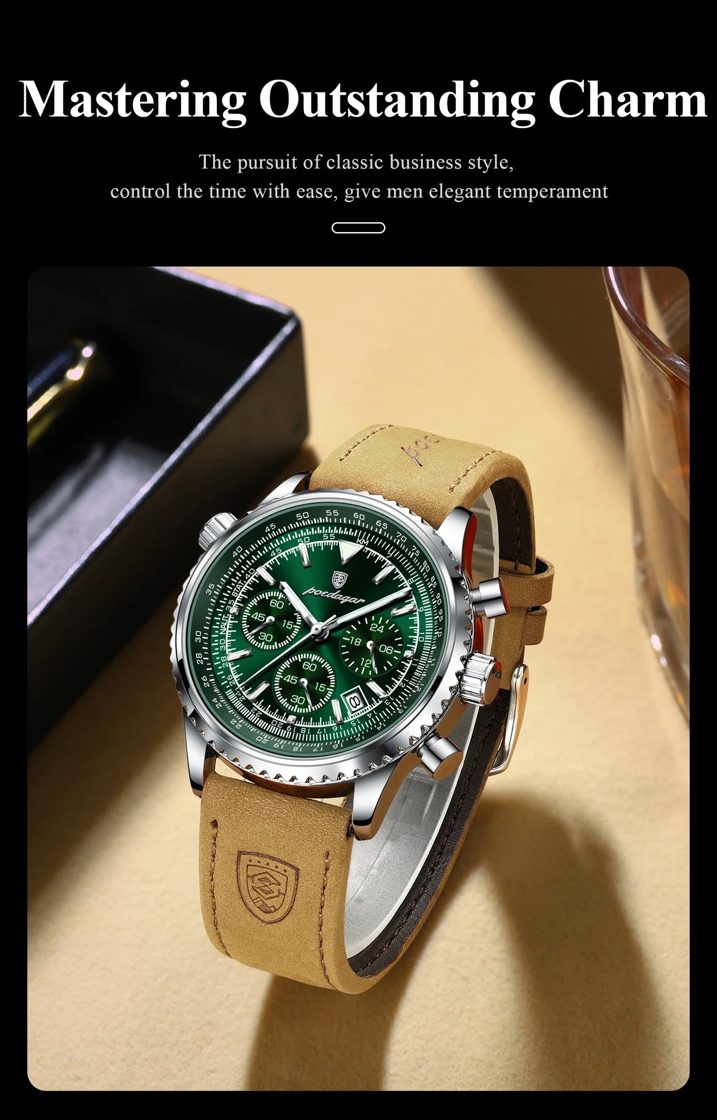 POEDAGAR Luxury Men's Quartz Watch Waterproof Luminous Date Chronograph Leather Military Sports Wristwatch