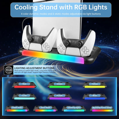 PS5 / PS5 Slim Cooling Stand with RGB LED Fan – 3-Level Adjustable Cooling Station for Disc & Digital Console Editions