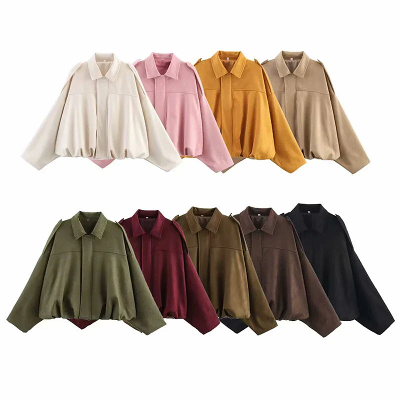 Women's Vintage Bomber Jacket Coat – Turn-Down Collar Long Sleeve Loose Fit Chic Fashion Outerwear