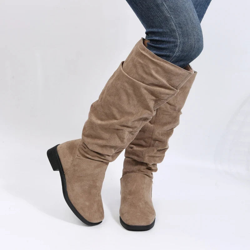 Women's Knee-High Winter Boots – Solid Color, Round Toe, Square Heel, Plus Size